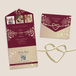 Romantische burgundische Blumenhochzeit All In One Einladung
