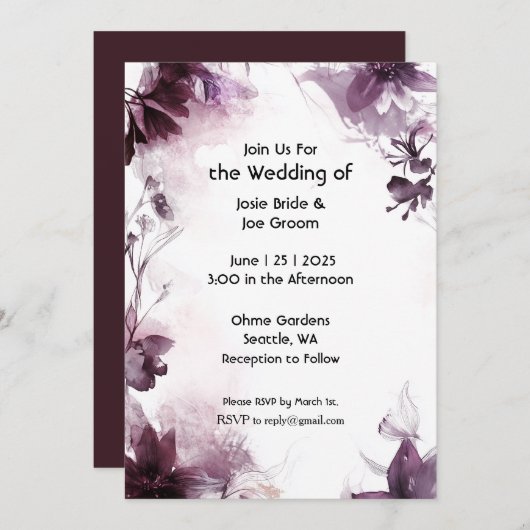 Romantische burgundische Wildblume Einladung (Vorne/Hinten)