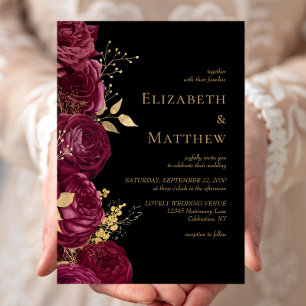 Romantische Burgundy Black Gold Floral Wedding Einladung