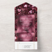 Romantische Burgundy Glitzy Hearts Wedding All In One Einladung (Innen Boden)