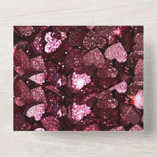 Romantische Burgundy Glitzy Hearts Wedding All In One Einladung (Rückseite)
