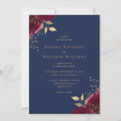 Romantische Burgundy Gold Floral Navy Blue Wedding Einladung (Vorderseite)