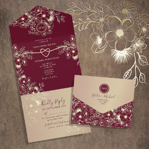 Romantische Burgundy Gold Floral Wedding All In One Einladung