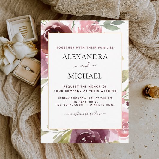 Romantische Burgundy Pink Floral Wedding Einladung