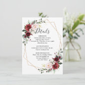 Romantische Burgundy Red Floral Geometric Wedding Begleitkarte (Stehend Vorderseite)