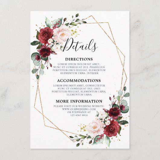 Romantische Burgundy Red Floral Geometric Wedding Begleitkarte (Vorderseite)