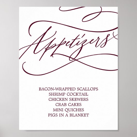 Romantische Burgundy Text Wedding Appetizers Poster (Vorne)