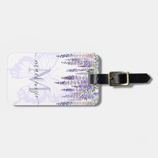 Romantische Butterfly & Wisteria Monogram Script N Gepäckanhänger (Vorderseite horizontal)