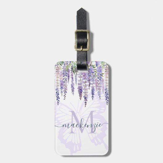 Romantische Butterfly & Wisteria Monogram Script N Gepäckanhänger (Vorderseite vertikal)