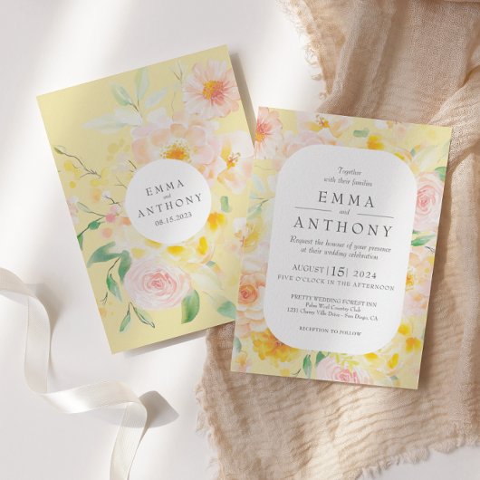 Romantische Buttergelbe Wasserfarbenhochzeit Einladung