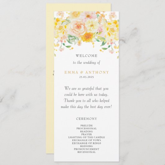 Romantische Buttergelbe Wasserfarbenhochzeit Programm (Vorne/Hinten)