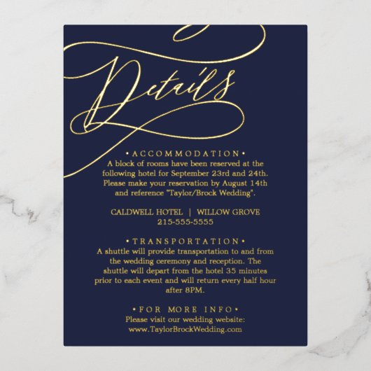 Romantische Calligrafie Gold Foil Navy Details Car Folie Einladungspostkarte (Vorderseite)