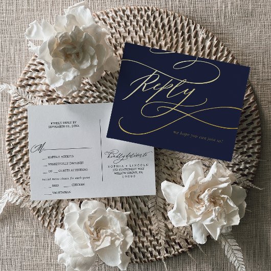 Romantische Calligraphie Gold Foil Navy Blue Meal Folie Einladungspostkarte