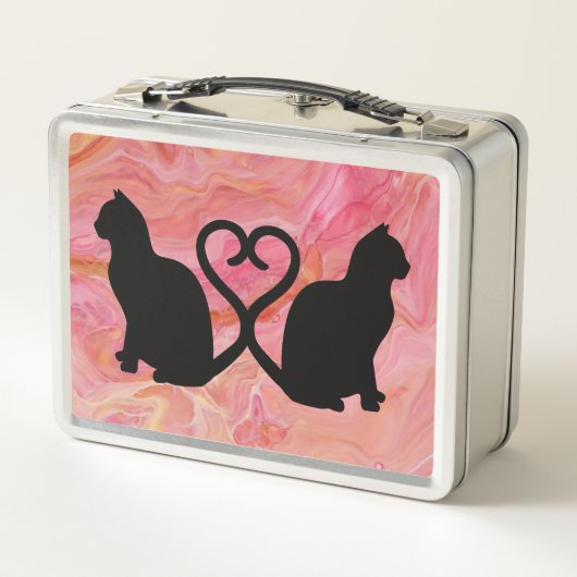 Romantische Cat Silhouette Herz mit rosa Marmor Metall Brotdose (Rückseite)
