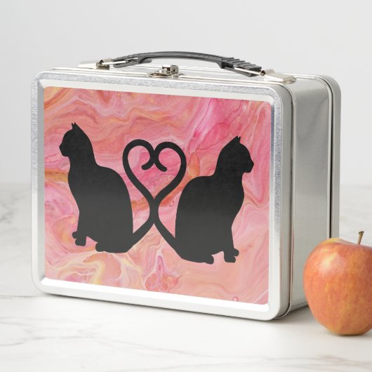 Romantische Cat Silhouette Herz mit rosa Marmor Metall Brotdose (Beispiel)