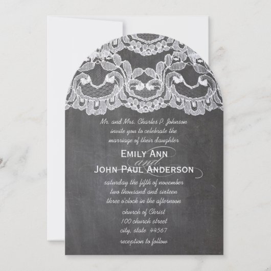 Romantische Chalkboard und Spitzen Elegante Hochze Einladung (Vorderseite)