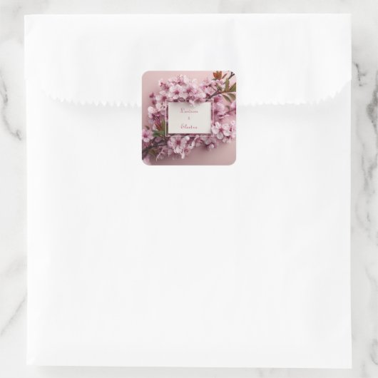 Romantische Cherry Blossom Hochzeit Quadratischer Aufkleber (Tasche)
