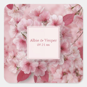 Romantische Cherry Blossom Hochzeit Quadratischer Aufkleber