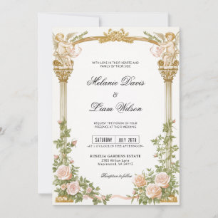Romantische Cherub-Goldbogen-Blumenhochzeit Einladung