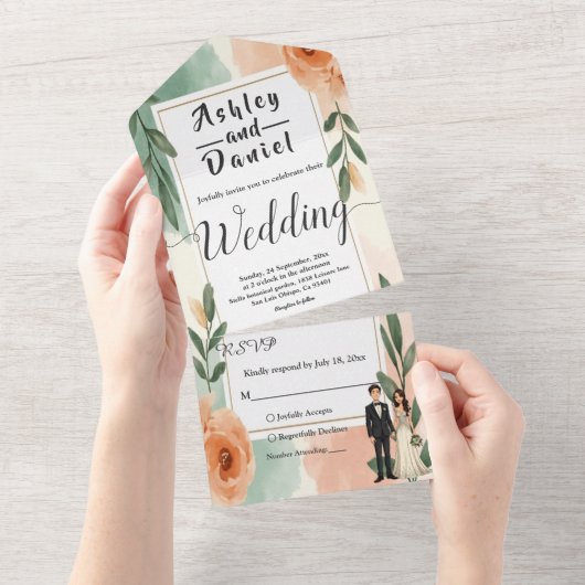 Romantische Chic Blumen Braut und Groom Hochzeit All In One Einladung (Abreißen)