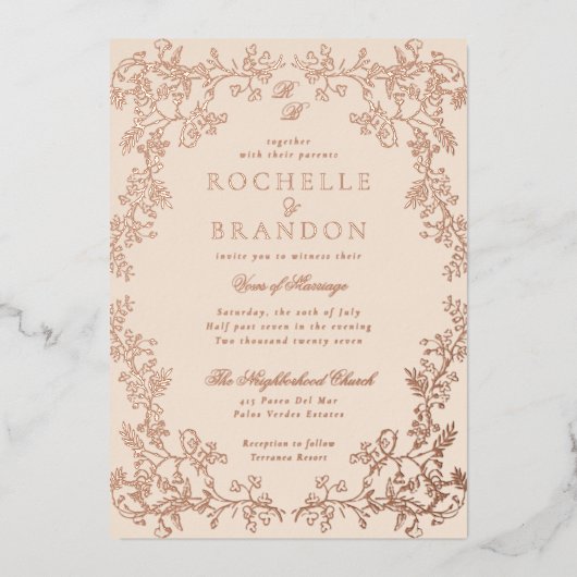 Romantische Chinoiserie Antique Rose Goldene Hochz Folieneinladung (Vorderseite)