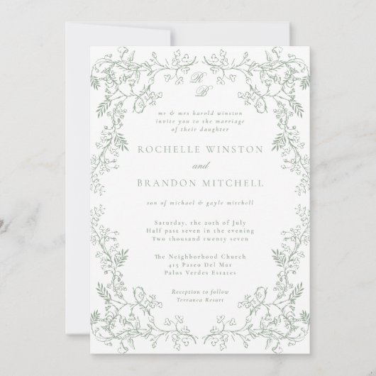 Romantische Chinoiserie Antique Sage Grüne Hochzei Einladung (Vorderseite)