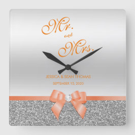 Romantische Coral Bow & Silver Glitzer Hochzeit Quadratische Wanduhr