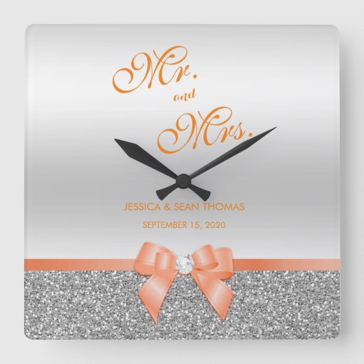 Romantische Coral Bow & Silver Glitzer Hochzeit Quadratische Wanduhr (Vorderseite)