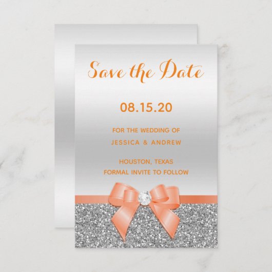 Romantische Coral Bow & Silver Glitzer Hochzeit Save The Date (Vorne/Hinten)