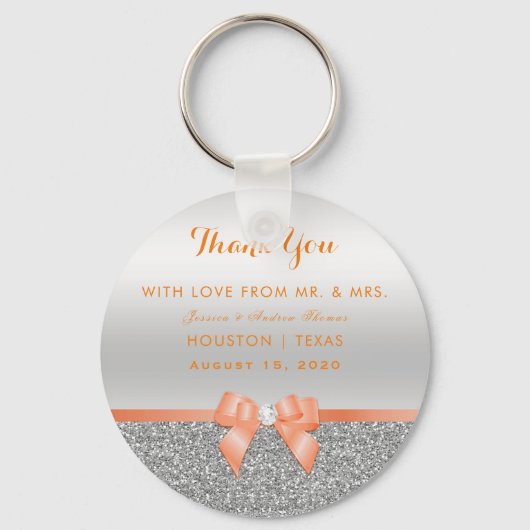 Romantische Coral Bow & Silver Glitzer Hochzeit Schlüsselanhänger (Vorderseite)