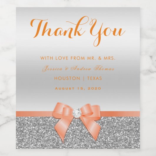 Romantische Coral Bow & Silver Glitzer Hochzeit Weinetikett (Einzelnes Label)