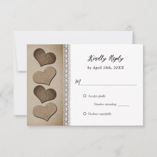 Romantische Country Burlap Hearts Lace Wedding RSVP Karte (Vorderseite)