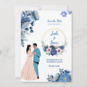Romantische Couple Dancing Design Blue Floral Wedd Einladung (Vorderseite)