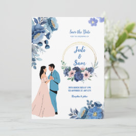 Romantische Couple Dancing Design Blue Floral Wedd Einladung