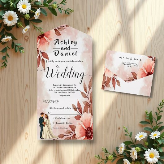 Romantische Couple Dusty Watercolor Blumenhochzeit All In One Einladung
