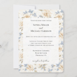 Romantische Creme Blumen Blau Blätter Hochzeit Einladung