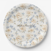 Romantische Creme Blumen Blau Blätter Hochzeit Pappteller (Vorderseite)