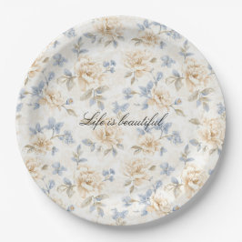Romantische Creme Blumen Blau Blätter Hochzeit Pappteller