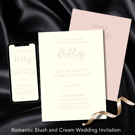 Romantische Creme Blush Pink Einfache Hochzeit Einladung
