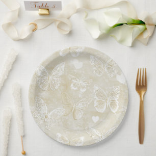 Romantische Creme Elfenbein Schmetterlinge Herzen  Pappteller