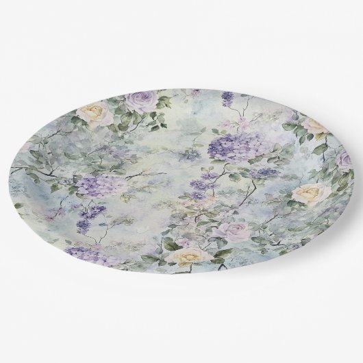 Romantische Creme Purple Blumen Hochzeit Pappteller (Schrägansicht)