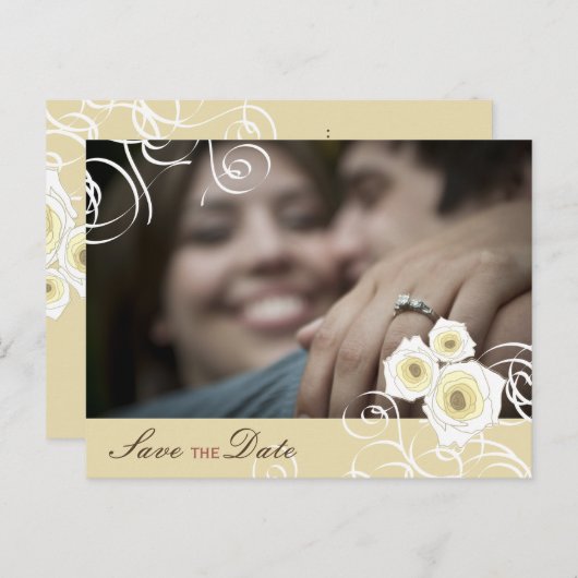 Romantische Creme Rose & Wirbel Foto Save the Date Ankündigungspostkarte (Vorne/Hinten)