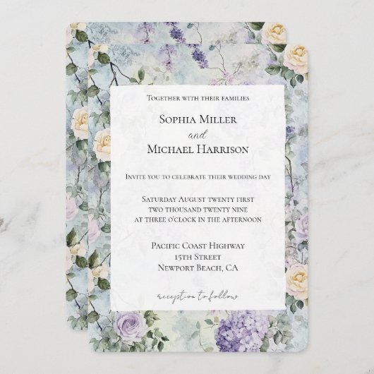 Romantische creme-violette Blumen Hochzeit Einladung (Vorne/Hinten)