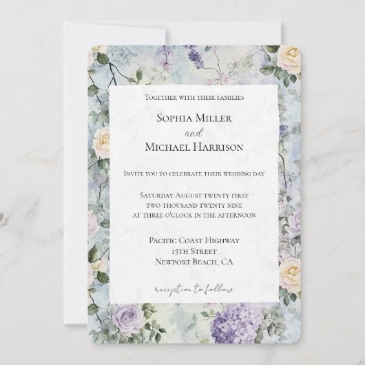 Romantische creme-violette Blumen Hochzeit Einladung (Vorderseite)