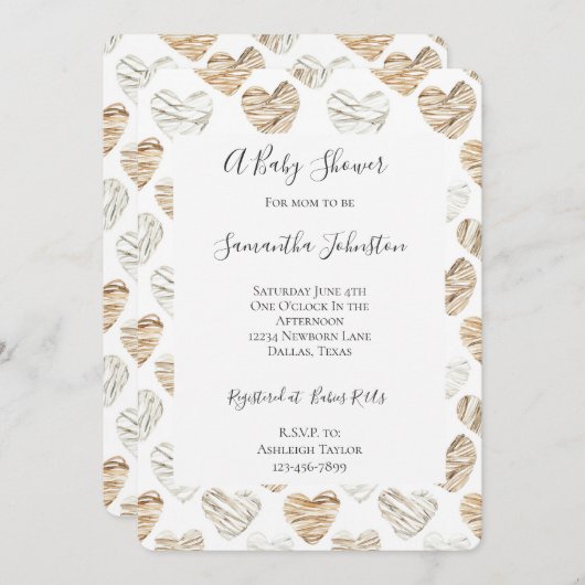 Romantische Creme White Hearts Babydusche Einladung (Vorne/Hinten)