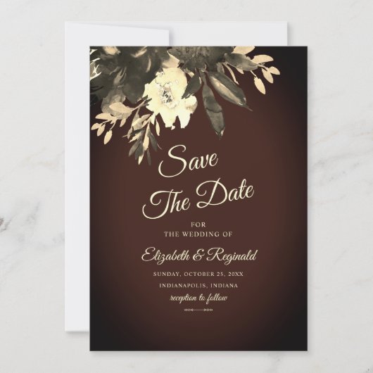 Romantische Dunkelbraun Fall Floral Save the Date (Vorderseite)