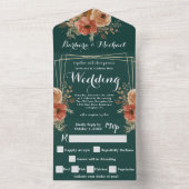 Romantische dunkelgrüne goldene Blumenhochzeit All In One Einladung (Innen Boden)