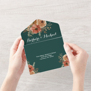 Romantische Dunkelgrüne Goldene Florale Hochzeit All In One Einladung