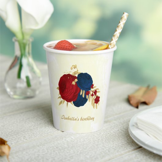 Romantische dunkelrote und marineblaue Blumen Gold Pappbecher (In Situ)