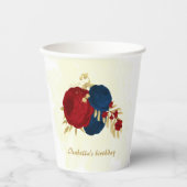 Romantische dunkelrote und marineblaue Blumen Gold Pappbecher (Vorderseite)